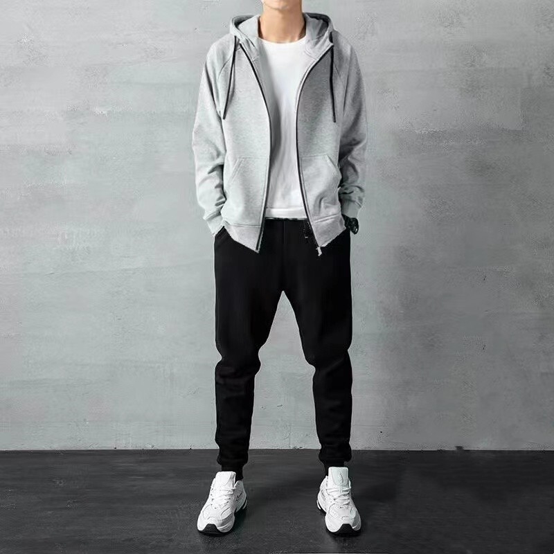 Αθλητικό κοστούμι casual για το φθινόπωρο και τον χειμώνα, ανδρικό φαρδύ μεγάλο μέγεθος ζακέτας, απλό απλό κοστούμι δύο τεμαχίων με φερμουάρ, παντελόνι