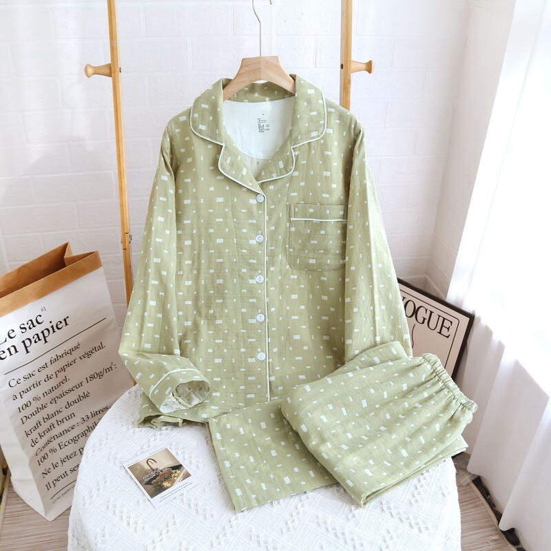 Ρετρό πιτζάμες ζευγαριών από βαμβακερό νήμα βαμμένο με νήμα, ρούχα για το σπίτι από διπλό στρώμα βαμβακερού νήματος, τέσσερις εποχές, λεπτό παντελόνι με μακριά μανίκια, μεγάλο μέγεθος, καινούργιο