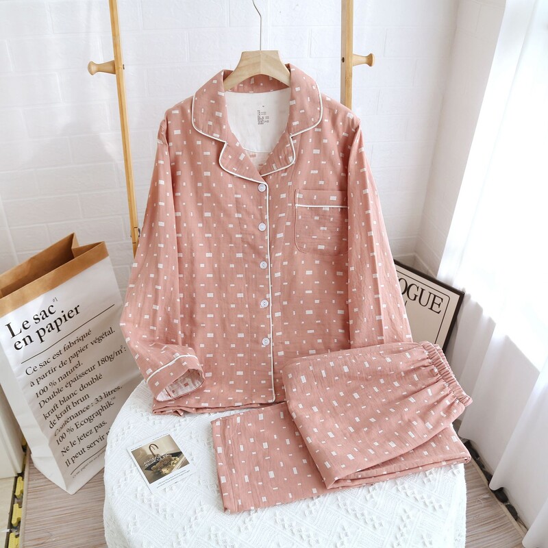 Ρετρό πιτζάμες ζευγαριών από βαμβακερό νήμα βαμμένο με νήμα, ρούχα για το σπίτι από διπλό στρώμα βαμβακερού νήματος, τέσσερις εποχές, λεπτό παντελόνι με μακριά μανίκια, μεγάλο μέγεθος, καινούργιο