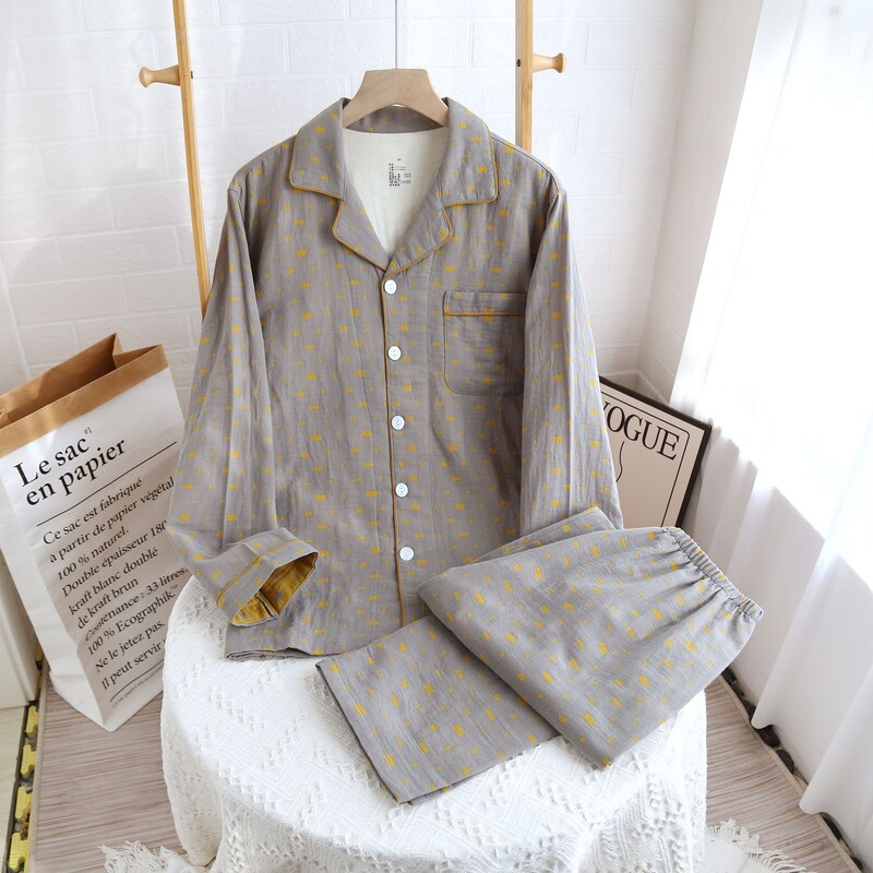 Ρετρό πιτζάμες ζευγαριών από βαμβακερό νήμα βαμμένο με νήμα, ρούχα για το σπίτι από διπλό στρώμα βαμβακερού νήματος, τέσσερις εποχές, λεπτό παντελόνι με μακριά μανίκια, μεγάλο μέγεθος, καινούργιο