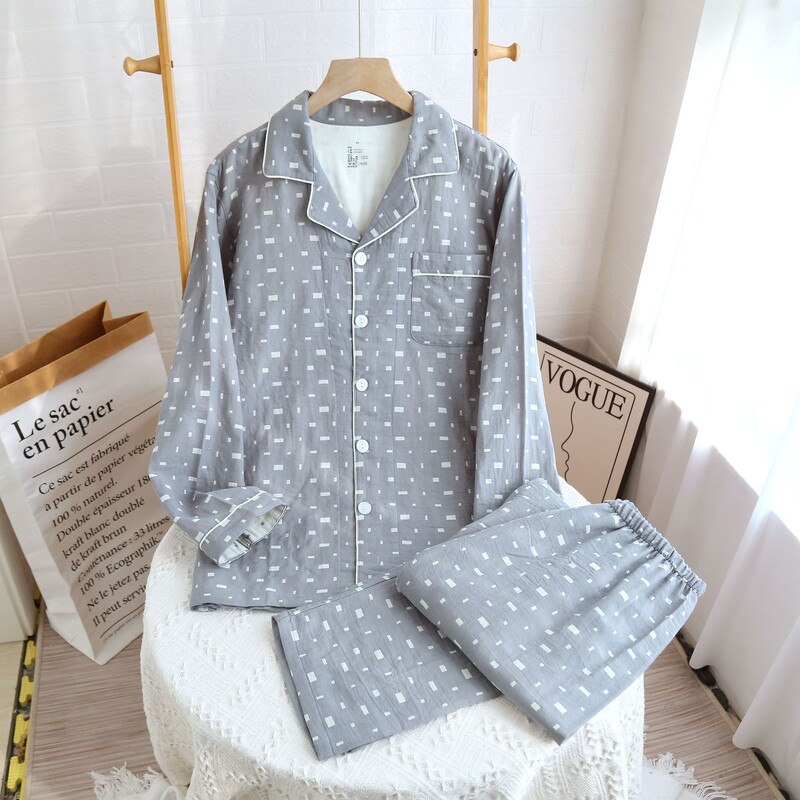 Ρετρό πιτζάμες ζευγαριών από βαμβακερό νήμα βαμμένο με νήμα, ρούχα για το σπίτι από διπλό στρώμα βαμβακερού νήματος, τέσσερις εποχές, λεπτό παντελόνι με μακριά μανίκια, μεγάλο μέγεθος, καινούργιο