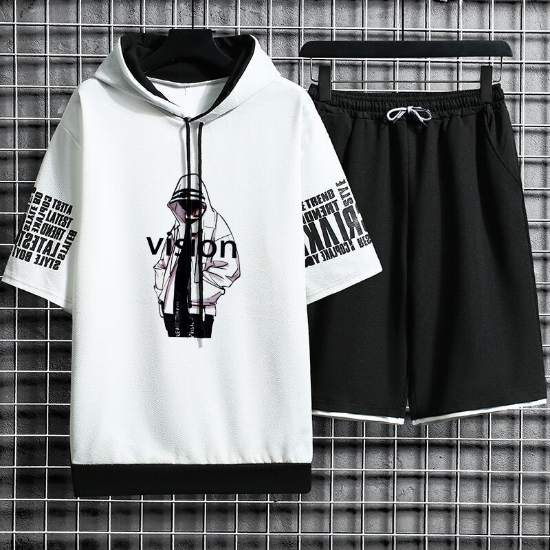 0121 Jauns korejiešu stila garām piedurknēm, apaļa kakla izgriezuma ikdienas sporta vīriešu uzvalks, sporta bikses, moderns divdaļīgs uzvalks