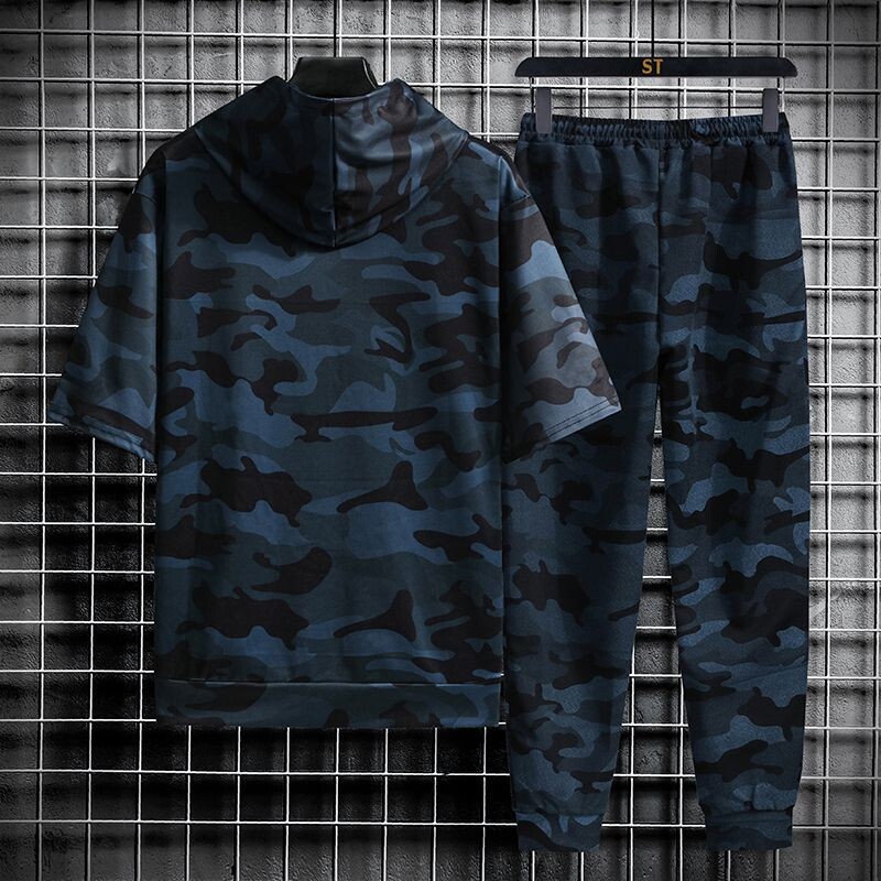 0121 Jauns korejiešu stila garām piedurknēm, apaļa kakla izgriezuma ikdienas sporta vīriešu uzvalks, sporta bikses, moderns divdaļīgs uzvalks