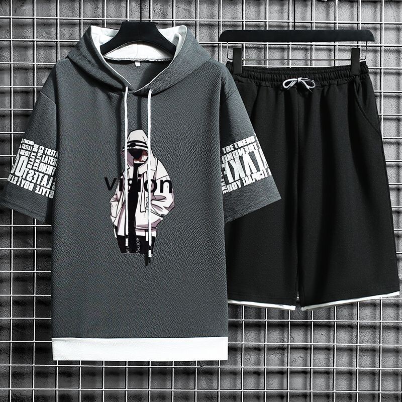 0121 Jauns korejiešu stila garām piedurknēm, apaļa kakla izgriezuma ikdienas sporta vīriešu uzvalks, sporta bikses, moderns divdaļīgs uzvalks