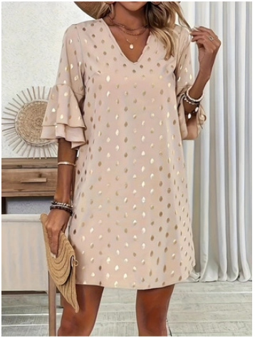 Γυναικείο φόρεμα με διασυνοριακό σχέδιο 2024, φρέσκο και κομψό στυλ, λαιμόκοψη V, φαρδιά μανίκια, πουά, θερμή εκτύπωση