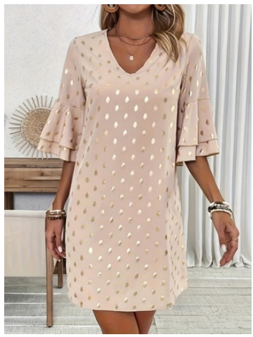 Γυναικείο φόρεμα με διασυνοριακό σχέδιο 2024, φρέσκο και κομψό στυλ, λαιμόκοψη V, φαρδιά μανίκια, πουά, θερμή εκτύπωση