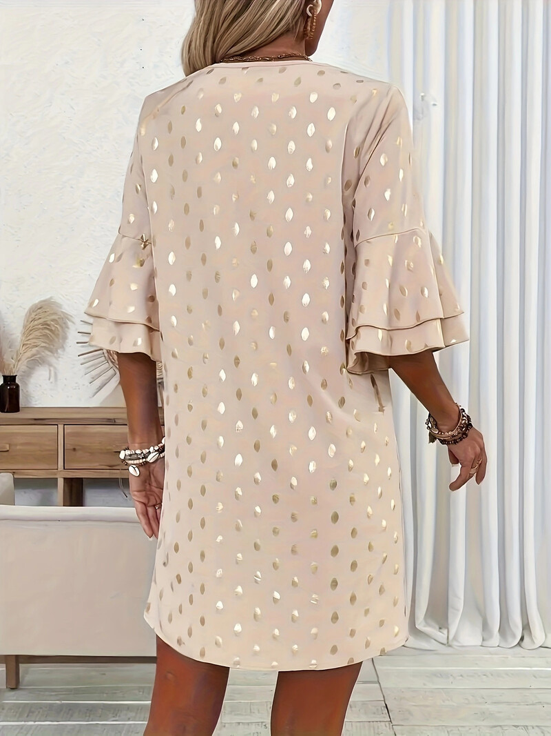 Γυναικείο φόρεμα με διασυνοριακό σχέδιο 2024, φρέσκο και κομψό στυλ, λαιμόκοψη V, φαρδιά μανίκια, πουά, θερμή εκτύπωση