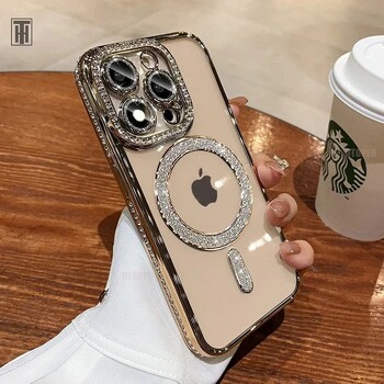 Κατάλληλο για θήκη κινητού τηλεφώνου Apple 16ProMax, μαγνητική Magsafe, iPhone 15 με κρυστάλλους, φακούς μπροκάρ 16E, 11 σετ
