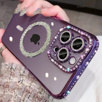Κατάλληλο για θήκη κινητού τηλεφώνου Apple 16ProMax, μαγνητική Magsafe, iPhone 15 με κρυστάλλους, φακούς μπροκάρ 16E, 11 σετ