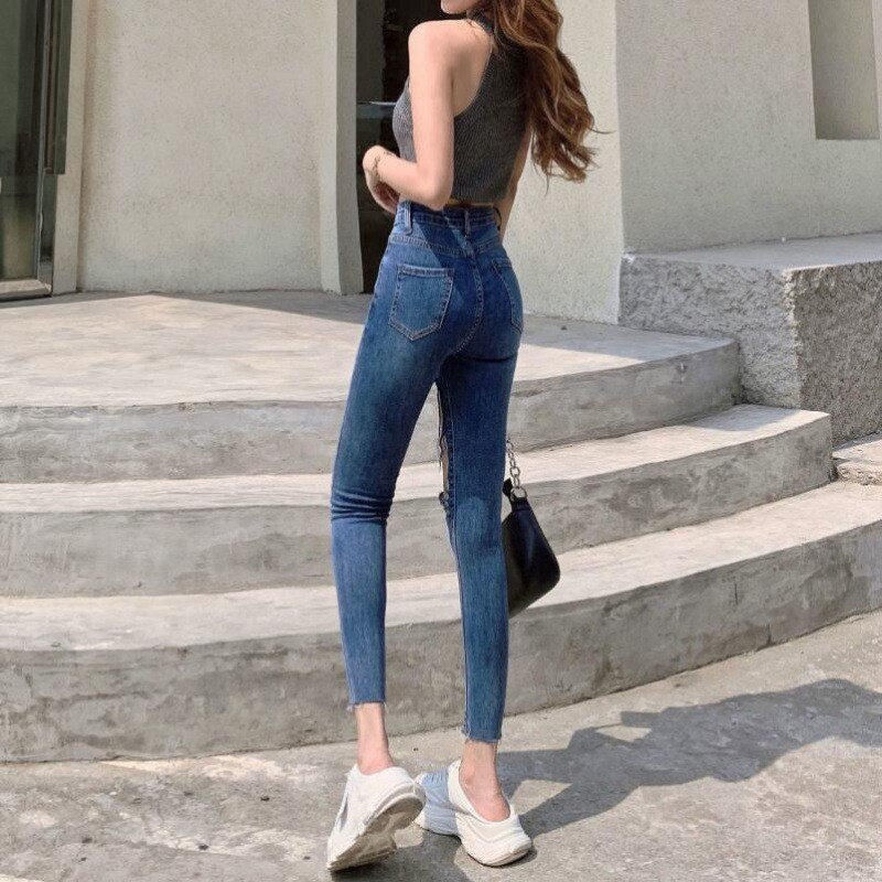 Γυναικείο τζιν με ψηλή μέση και μεγάλη τρύπα, λεπτό, εννέα πόντους, ίσιο, ανοιξιάτικο και φθινοπωρινό, νέο λεπτό ελαστικό καλσόν, μικρό παντελόνι για το καλοκαίρι