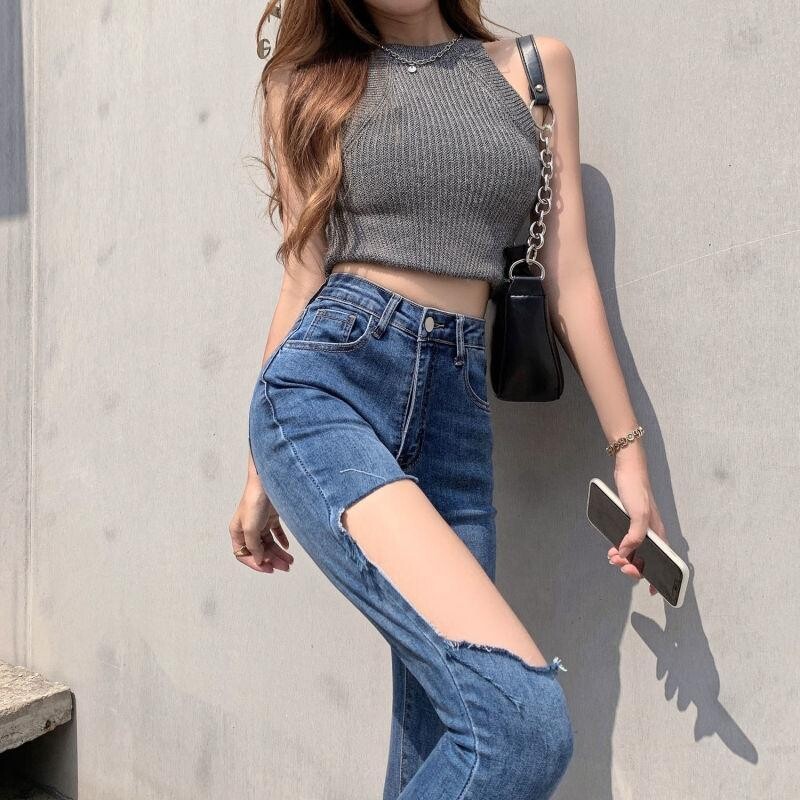 Γυναικείο τζιν με ψηλή μέση και μεγάλη τρύπα, λεπτό, εννέα πόντους, ίσιο, ανοιξιάτικο και φθινοπωρινό, νέο λεπτό ελαστικό καλσόν, μικρό παντελόνι για το καλοκαίρι