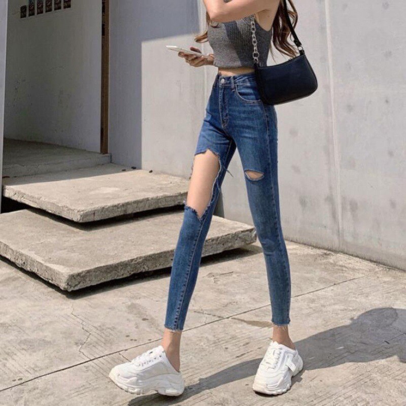 Γυναικείο τζιν με ψηλή μέση και μεγάλη τρύπα, λεπτό, εννέα πόντους, ίσιο, ανοιξιάτικο και φθινοπωρινό, νέο λεπτό ελαστικό καλσόν, μικρό παντελόνι για το καλοκαίρι