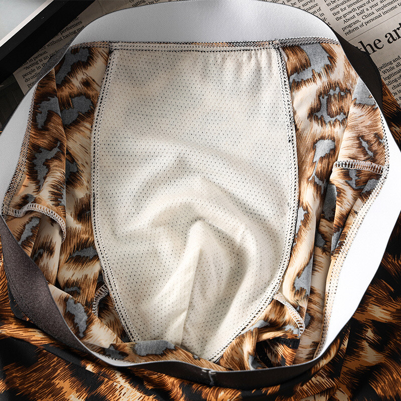 Ανδρικά εσώρουχα από μετάξι Ice με λεοπάρ μοτίβο, αναπνεύσιμα καλοκαιρινά λεπτά μποξεράκια, μοντέρνα σέξι σορτς με μέση, μοντέρνα τυπωμένα σορτς