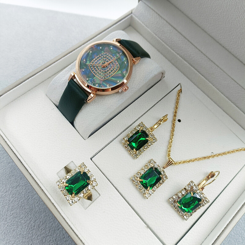 Комплект дамски часовници от трансграничен модел, зелен, дамски кожен часовник, квадратен, ретро, ​​моден часовник, модно място