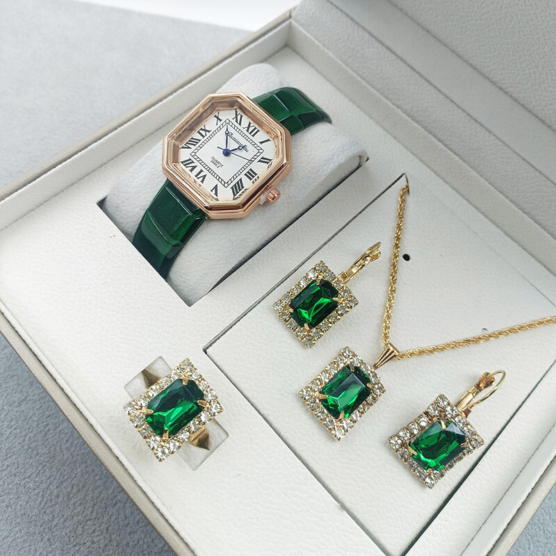 Комплект дамски часовници от трансграничен модел, зелен, дамски кожен часовник, квадратен, ретро, ​​моден часовник, модно място