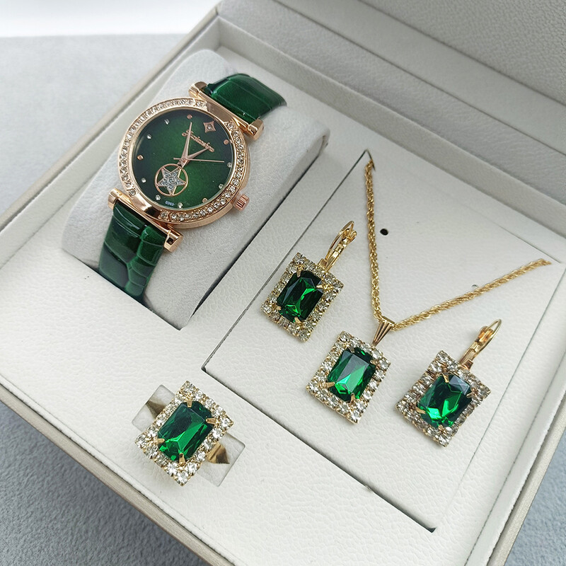 Комплект дамски часовници от трансграничен модел, зелен, дамски кожен часовник, квадратен, ретро, ​​моден часовник, модно място