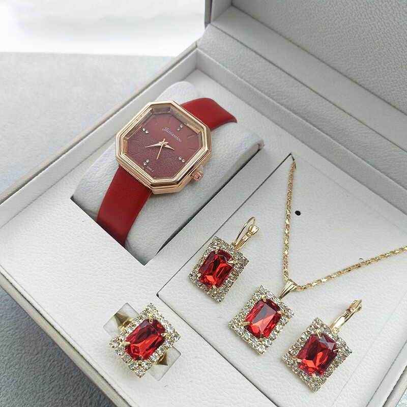 Комплект дамски часовници от трансграничен модел, зелен, дамски кожен часовник, квадратен, ретро, ​​моден часовник, модно място