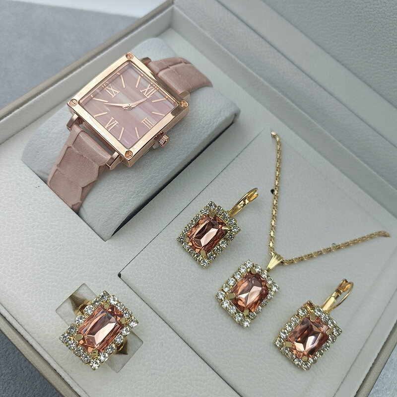 Комплект дамски часовници от трансграничен модел, зелен, дамски кожен часовник, квадратен, ретро, ​​моден часовник, модно място