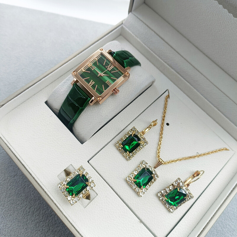 Комплект дамски часовници от трансграничен модел, зелен, дамски кожен часовник, квадратен, ретро, ​​моден часовник, модно място