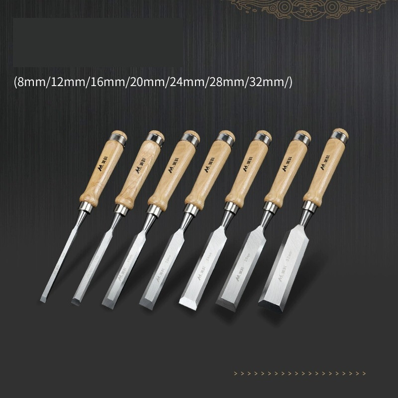 Medžio apdirbimo kaltas su plokščia geležte, drožybai, grioveliams, specialus kaltas dirbiniams su medine rankena, plokščias kaltas, dailidės įrankių rinkinys