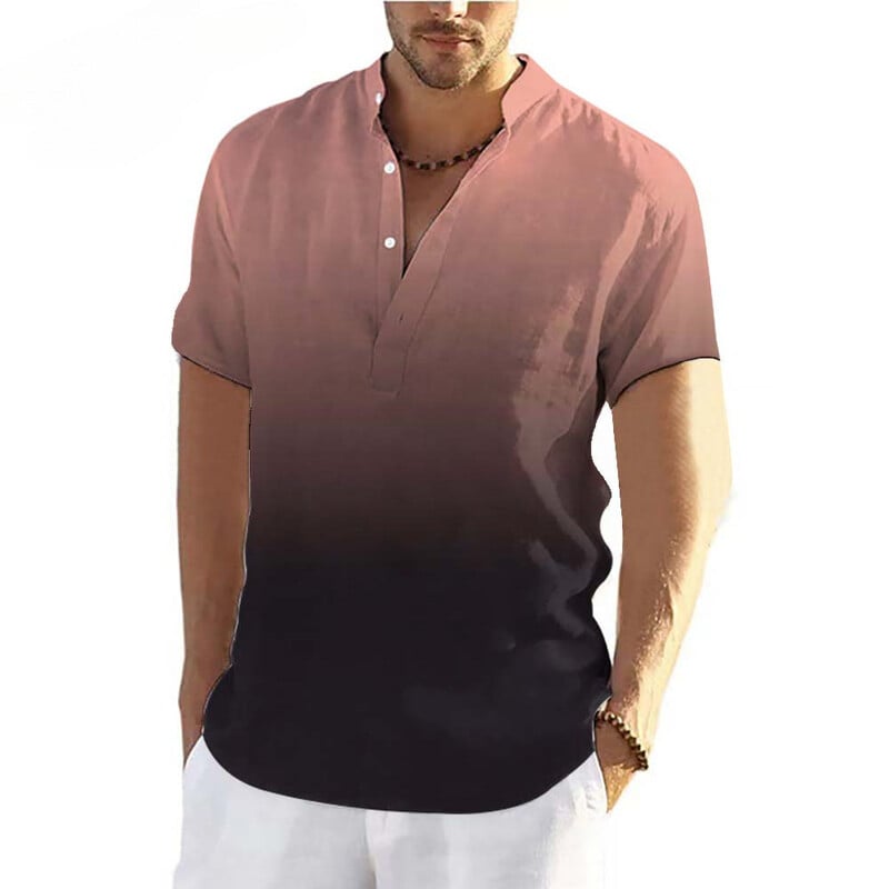 2025 Διασυνοριακό Ανδρικό Μονόχρωμο Πουκάμισο με Στρογγυλή Λαιμόκοψη και Κουμπιά, Δημοφιλές Μπλουζάκι με Κοντά Μανίκια και Στάμπα