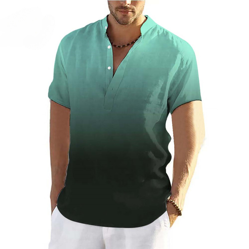2025 Διασυνοριακό Ανδρικό Μονόχρωμο Πουκάμισο με Στρογγυλή Λαιμόκοψη και Κουμπιά, Δημοφιλές Μπλουζάκι με Κοντά Μανίκια και Στάμπα