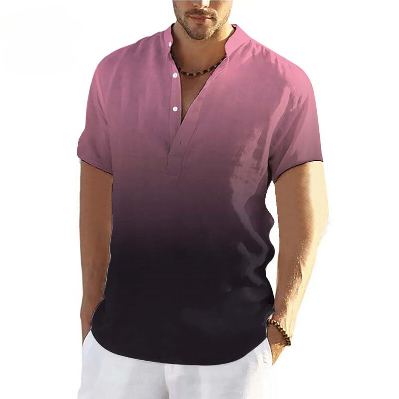 2025 Διασυνοριακό Ανδρικό Μονόχρωμο Πουκάμισο με Στρογγυλή Λαιμόκοψη και Κουμπιά, Δημοφιλές Μπλουζάκι με Κοντά Μανίκια και Στάμπα