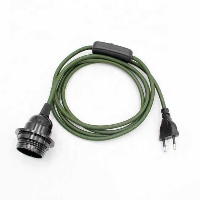 Europinio standarto maitinimo laidas 2 m, tekstilinis laidas su jungikliu 303, E27 lizdas su bakelitiniu gaubtu, pakabinamas toršeras, linijinis