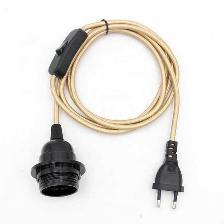 Europinio standarto maitinimo laidas 2 m, tekstilinis laidas su jungikliu 303, E27 lizdas su bakelitiniu gaubtu, pakabinamas toršeras, linijinis