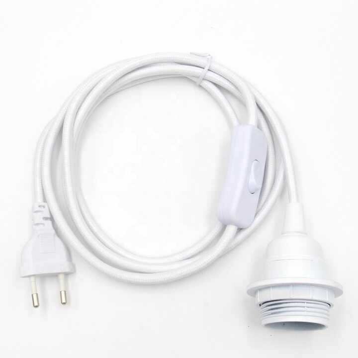 Europinio standarto maitinimo laidas 2 m, tekstilinis laidas su jungikliu 303, E27 lizdas su bakelitiniu gaubtu, pakabinamas toršeras, linijinis