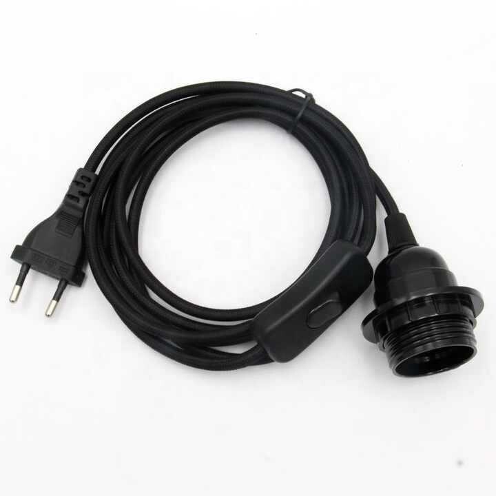 Europinio standarto maitinimo laidas 2 m, tekstilinis laidas su jungikliu 303, E27 lizdas su bakelitiniu gaubtu, pakabinamas toršeras, linijinis