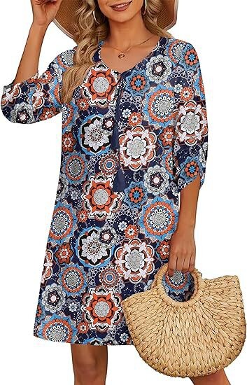 Ευρωπαϊκό και αμερικανικό γυναικείο casual φόρεμα παραλίας για το καλοκαίρι του 2024 με φούντες, στρογγυλή λαιμόκοψη, μανίκια τριών τετάρτων, στάμπα