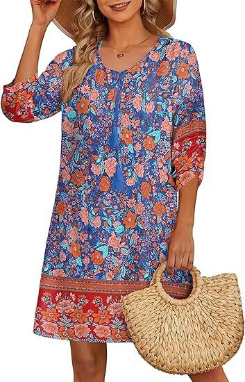 Ευρωπαϊκό και αμερικανικό γυναικείο casual φόρεμα παραλίας για το καλοκαίρι του 2024 με φούντες, στρογγυλή λαιμόκοψη, μανίκια τριών τετάρτων, στάμπα