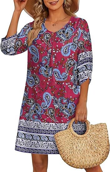 Ευρωπαϊκό και αμερικανικό γυναικείο casual φόρεμα παραλίας για το καλοκαίρι του 2024 με φούντες, στρογγυλή λαιμόκοψη, μανίκια τριών τετάρτων, στάμπα