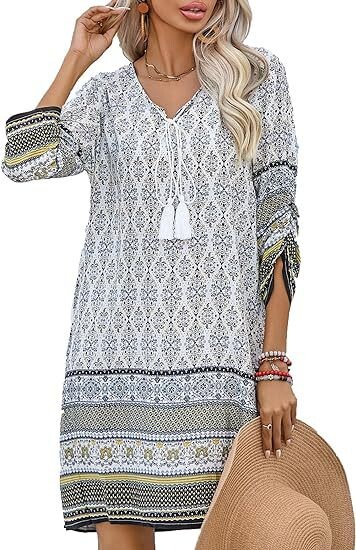 Ευρωπαϊκό και αμερικανικό γυναικείο casual φόρεμα παραλίας για το καλοκαίρι του 2024 με φούντες, στρογγυλή λαιμόκοψη, μανίκια τριών τετάρτων, στάμπα