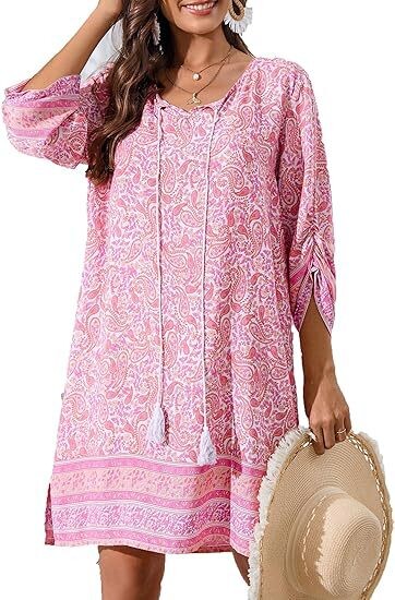 Ευρωπαϊκό και αμερικανικό γυναικείο casual φόρεμα παραλίας για το καλοκαίρι του 2024 με φούντες, στρογγυλή λαιμόκοψη, μανίκια τριών τετάρτων, στάμπα