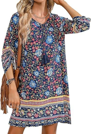 Ευρωπαϊκό και αμερικανικό γυναικείο casual φόρεμα παραλίας για το καλοκαίρι του 2024 με φούντες, στρογγυλή λαιμόκοψη, μανίκια τριών τετάρτων, στάμπα