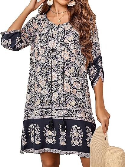 Ευρωπαϊκό και αμερικανικό γυναικείο casual φόρεμα παραλίας για το καλοκαίρι του 2024 με φούντες, στρογγυλή λαιμόκοψη, μανίκια τριών τετάρτων, στάμπα