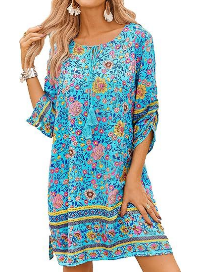 Ευρωπαϊκό και αμερικανικό γυναικείο casual φόρεμα παραλίας για το καλοκαίρι του 2024 με φούντες, στρογγυλή λαιμόκοψη, μανίκια τριών τετάρτων, στάμπα