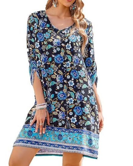 Ευρωπαϊκό και αμερικανικό γυναικείο casual φόρεμα παραλίας για το καλοκαίρι του 2024 με φούντες, στρογγυλή λαιμόκοψη, μανίκια τριών τετάρτων, στάμπα