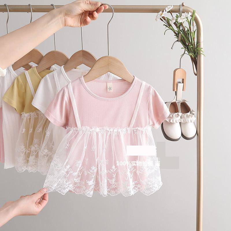 2025 m. vaikiški drabužiai vasariniai drabužiai mergaitėms netikri dviejų dalių trumpų rankovių marškinėliai kūdikiams modaliniai viršutiniai drabužiai vaikams mergaitėms nėriniuoti marškinėliai