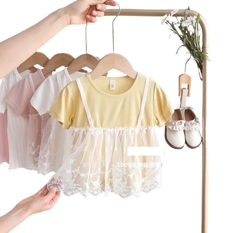 2025 m. vaikiški drabužiai vasariniai drabužiai mergaitėms netikri dviejų dalių trumpų rankovių marškinėliai kūdikiams modaliniai viršutiniai drabužiai vaikams mergaitėms nėriniuoti marškinėliai