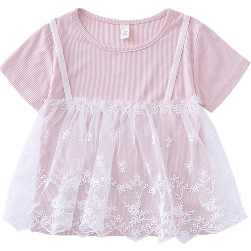 2025 m. vaikiški drabužiai vasariniai drabužiai mergaitėms netikri dviejų dalių trumpų rankovių marškinėliai kūdikiams modaliniai viršutiniai drabužiai vaikams mergaitėms nėriniuoti marškinėliai