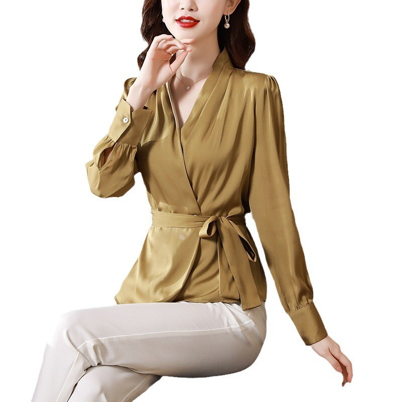 Пролетен нов дизайн 2025, дамска риза с V-образно деколте и връзки на талията, от ацетатен сатен, с дълъг ръкав, темпераментен топ