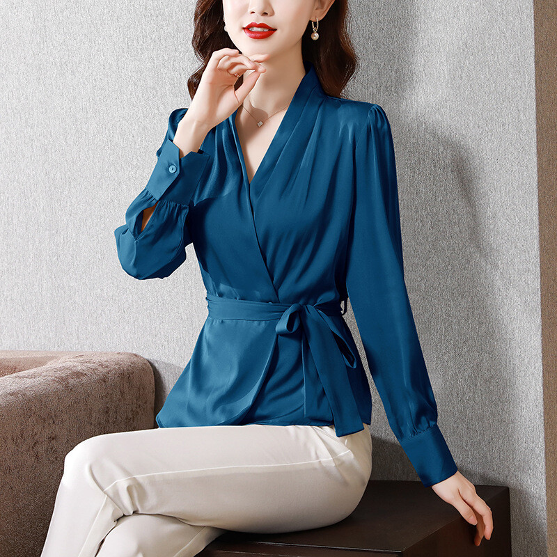 Пролетен нов дизайн 2025, дамска риза с V-образно деколте и връзки на талията, от ацетатен сатен, с дълъг ръкав, темпераментен топ