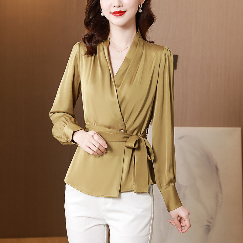 Пролетен нов дизайн 2025, дамска риза с V-образно деколте и връзки на талията, от ацетатен сатен, с дълъг ръкав, темпераментен топ