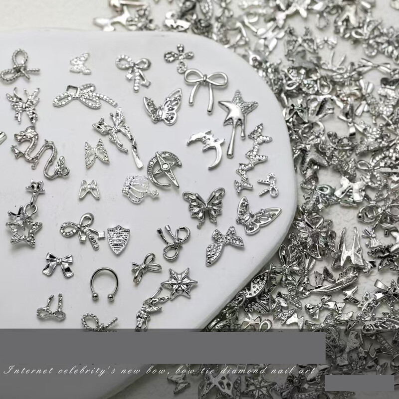 Хромирани сърца, смесени нокти, диаманти, пънк, тъмен стил, бижута за нокти 50pcs, ретро, ​​сребърен кръст, сплав, диаманти на едро