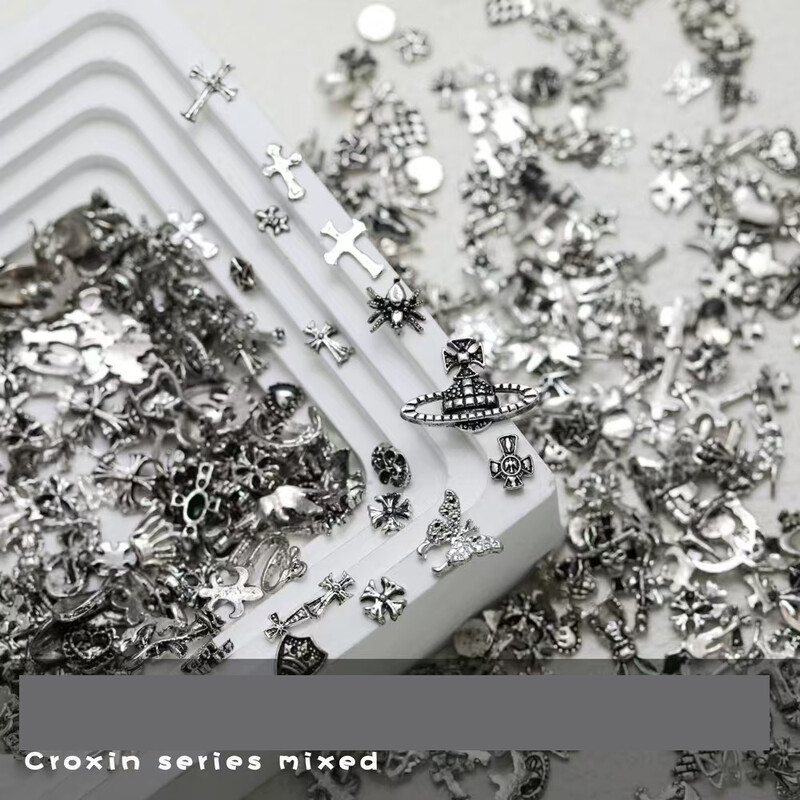 Хромирани сърца, смесени нокти, диаманти, пънк, тъмен стил, бижута за нокти 50pcs, ретро, ​​сребърен кръст, сплав, диаманти на едро