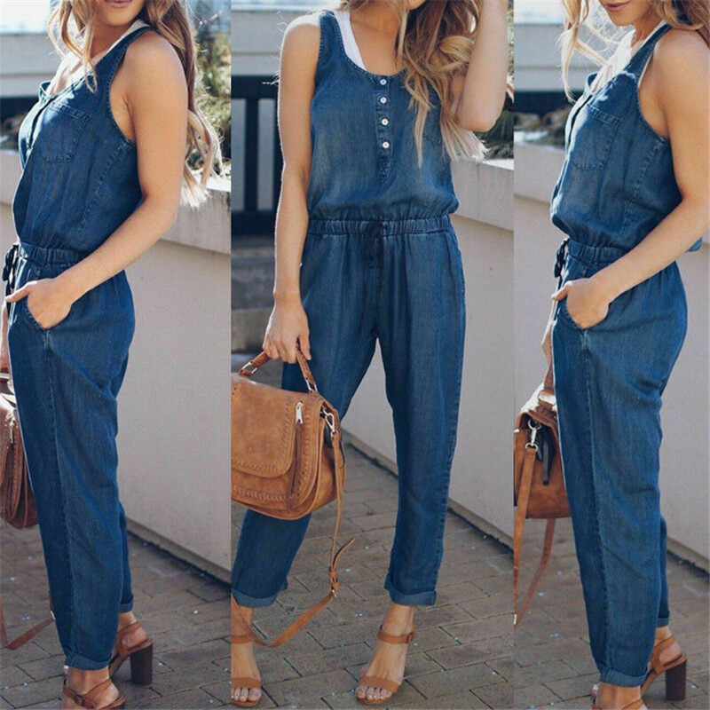 Džinsinis kombinezonas su tampriu juosmeniu ir mėlynais dirželiais