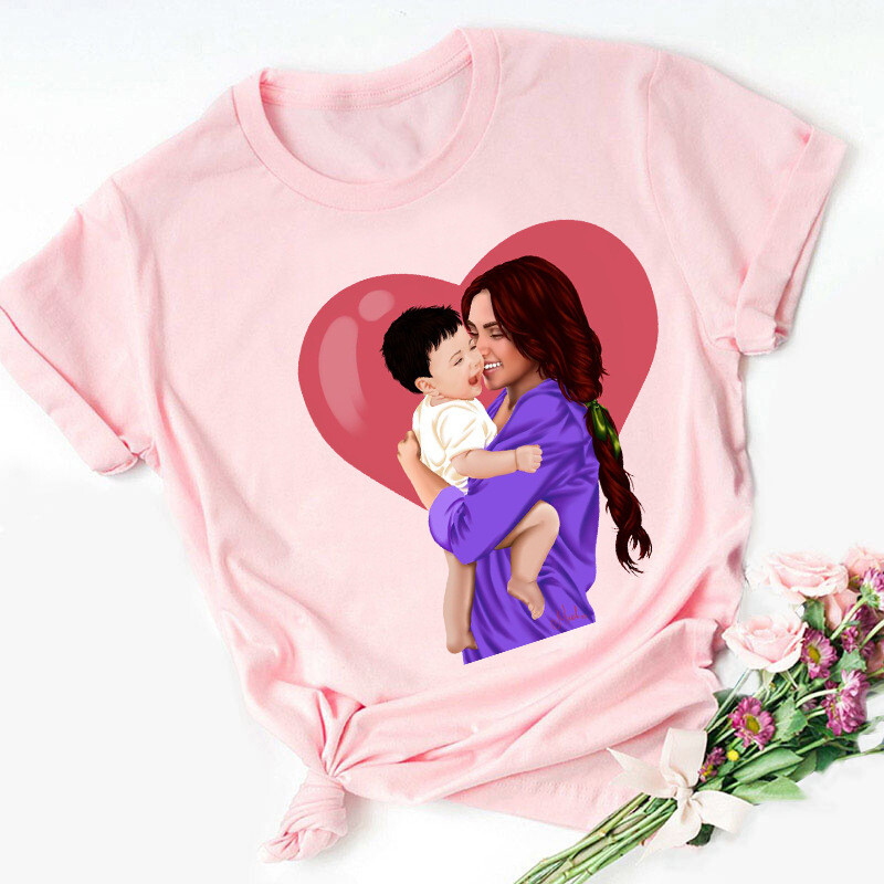 Супер мама Семейна тениска с къс ръкав в розов цвят, тениска с надпис „Мама“, уличен стил